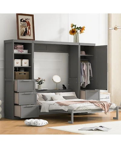 Streamdale Furniture Queen Murphy Bed with Closet, Drawers & Shelves - Gray