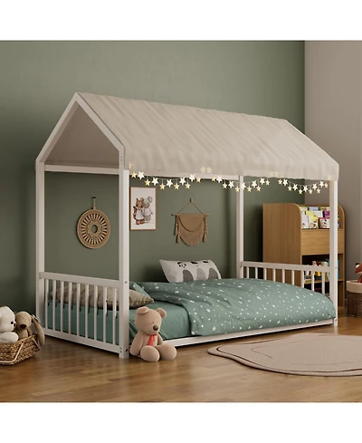 Streamdale Furniture Streamdale Twin Montessori Metal Floor Bed Frame, House Bed, Safety Rails, Easy Assemble, Black