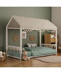 Streamdale Furniture Streamdale Twin Montessori Metal Floor Bed Frame, House Bed, Safety Rails, Easy Assemble, Black