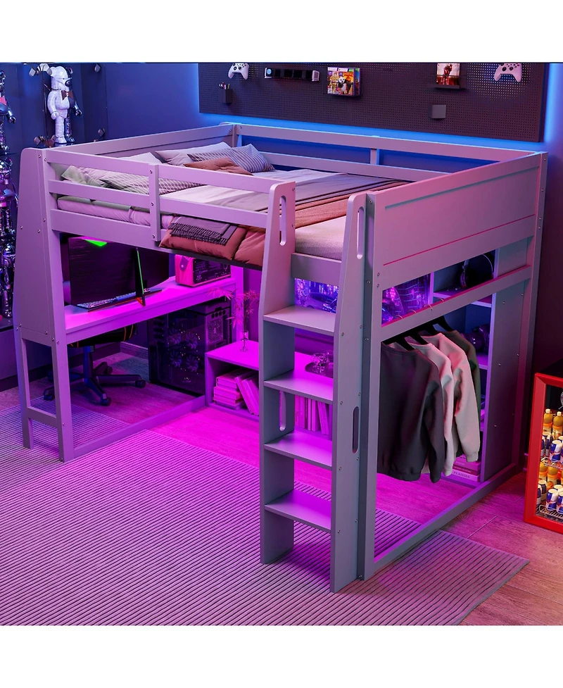 Streamdale Furniture Streamdale Wood Gaming Loft Bed w/ Desk, Shelves, Led, Rack, Black