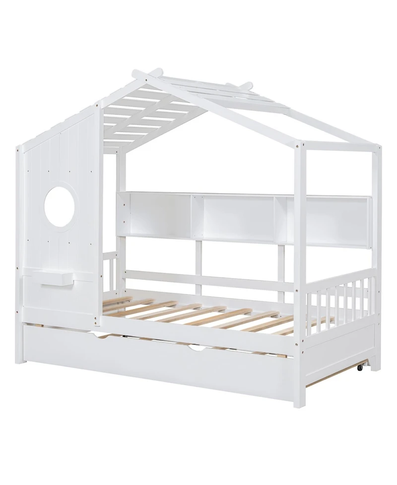 Streamdale Furniture Wooden Twin House Bed with Trundle & Shelf - Gray