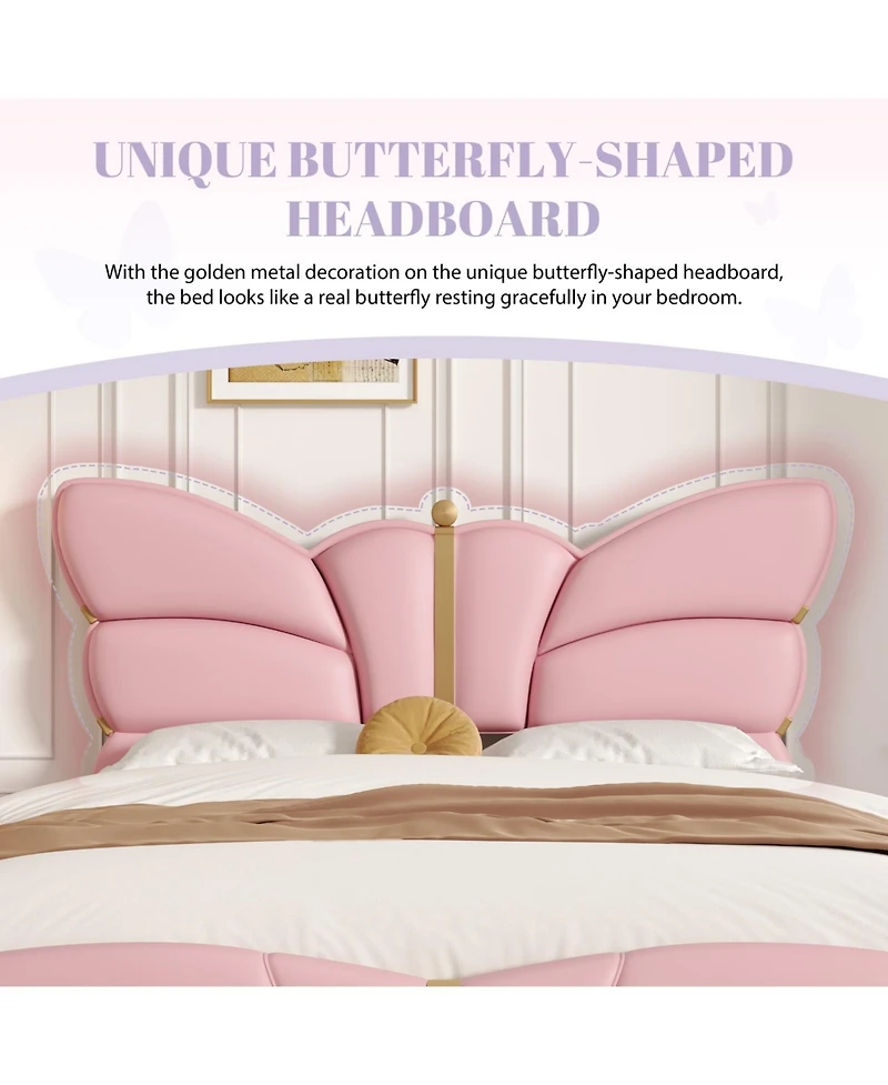 Streamdale Furniture Queen Upholstered Bed Frame, Butterfly Headboard, Gold Accents