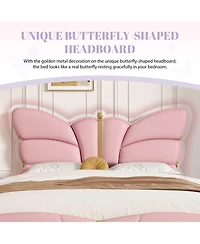 Streamdale Furniture Queen Upholstered Bed Frame, Butterfly Headboard, Gold Accents