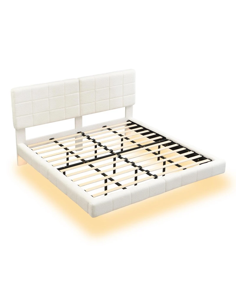 Streamdale Furniture White Boucle Floating Bed with Light,King