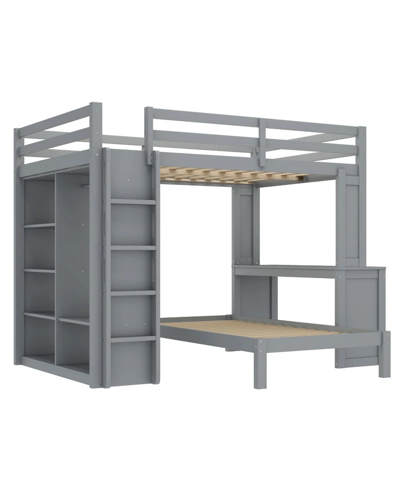 Streamdale Furniture Queen over Twin Bunk Bed with Desk, Shelves & Wardrobe
