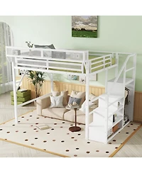 Streamdale Furniture Queen Loft Bed with Stairs, Metal, Storage, Wardrobe