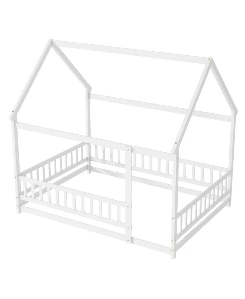 Streamdale Furniture Full Size House Floor Wooden Bed with Roof Frame, Safety Guardrails