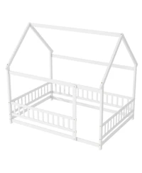 Streamdale Furniture Full Size House Floor Wooden Bed with Roof Frame, Safety Guardrails