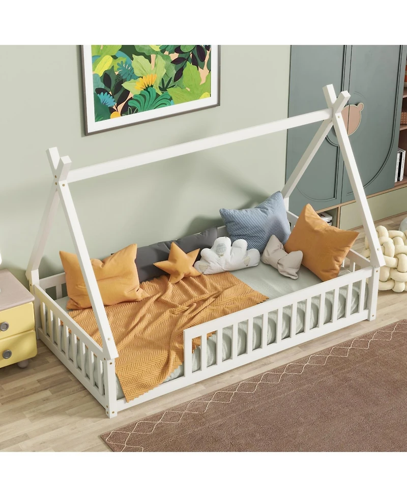 Streamdale Furniture Twin Tent-shaped Floor Bed,Teepee Bed with Guardrails,Slats