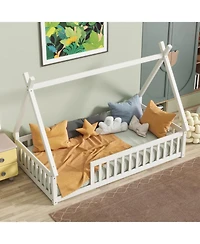 Streamdale Furniture Twin Tent-shaped Floor Bed,Teepee Bed with Guardrails,Slats