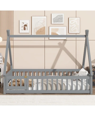 Streamdale Furniture Twin Tent-shaped Floor Bed,Teepee Bed with Guardrails,Slats and Door