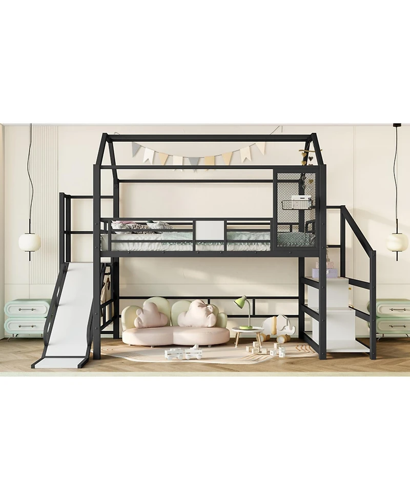 Streamdale Furniture Full House Loft Bed with Slide, Stairs, Storage, Black