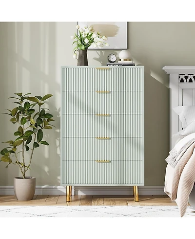gaomon 5-Drawer Modern Green Dresser, Wood Chest Organizer with Gold Handle, Tall Cabinet for Bedroom, Living Room, Entryway