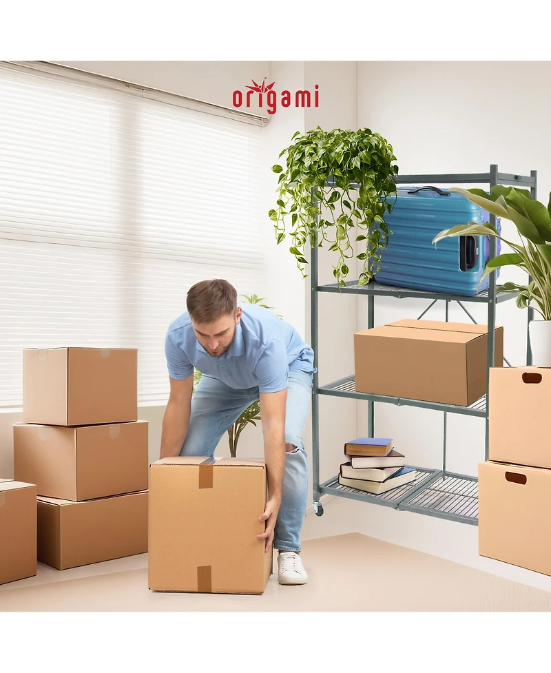 Origami 4 Tier Multipurpose Folding Storage Organizing Rack with Wheels, Gray