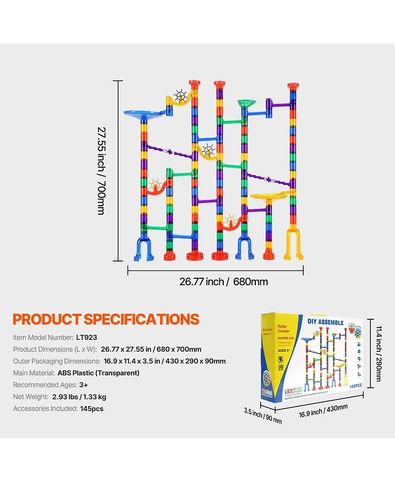 Sugift 145-Piece Marble Run Set with Glow Marbles & Race Track