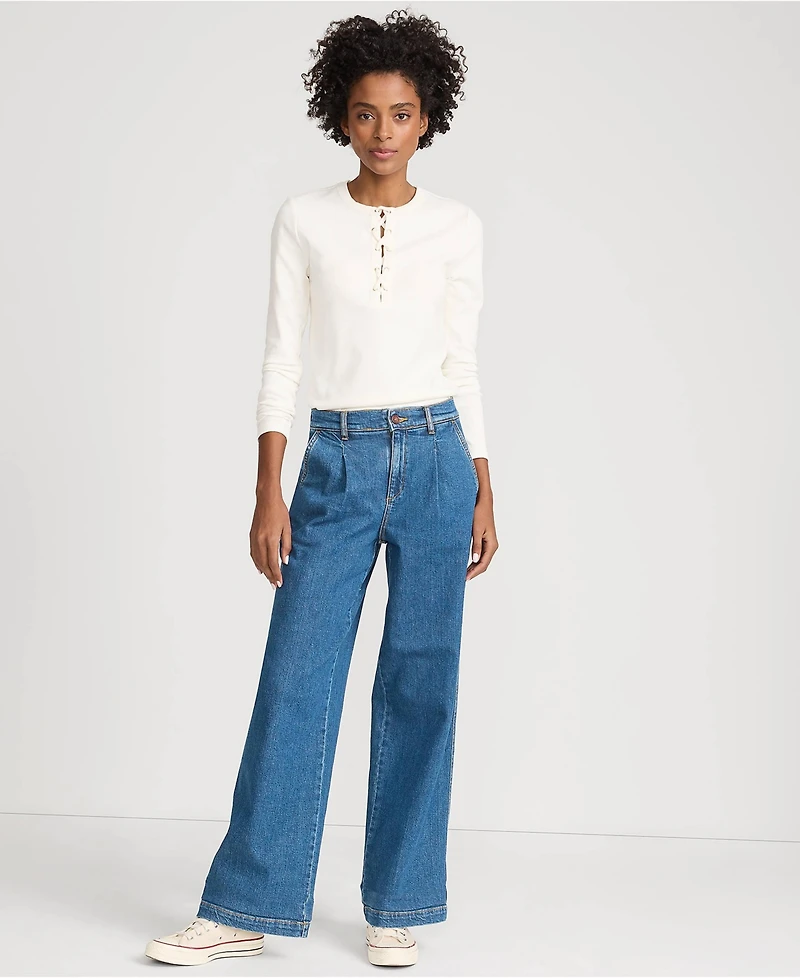 Lands' End Women's High Rise Soft Denim Pleated Wide Leg Trousers