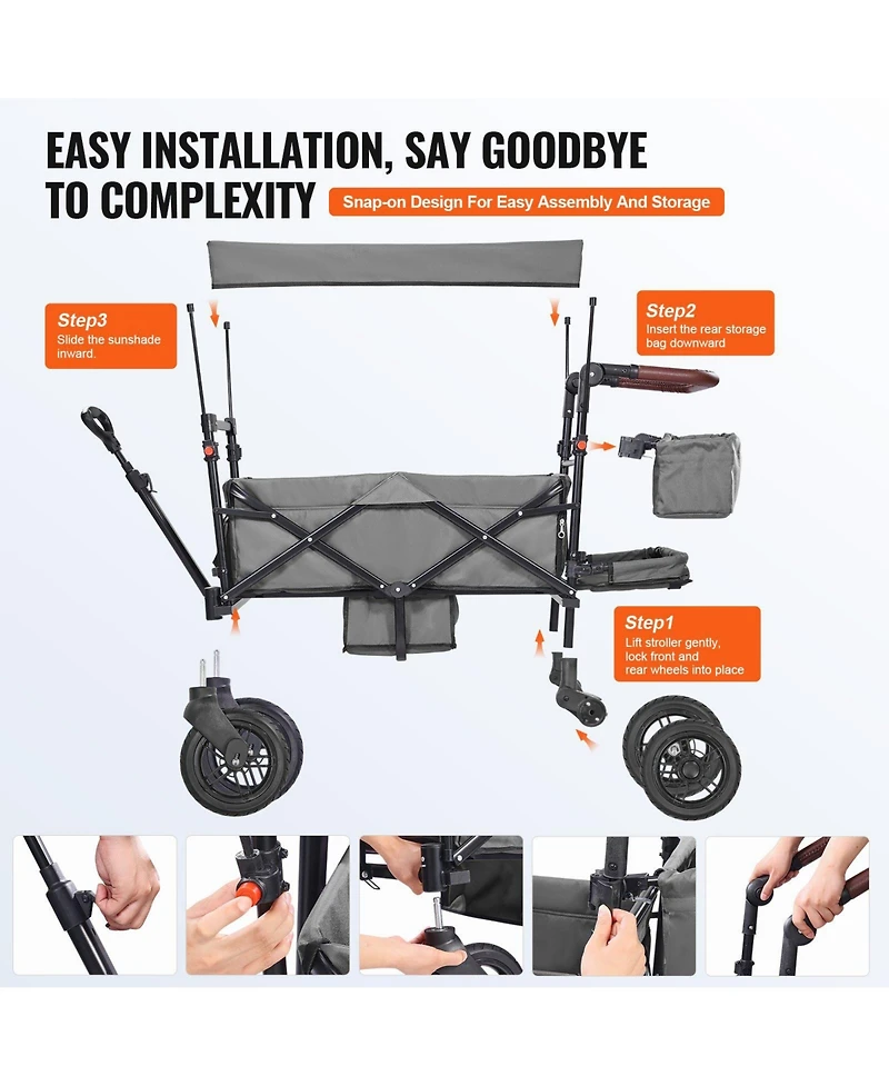 Sugfit Wagon Stroller for 2 Kids Folding Push-Pull Stroller with Canopy Grey