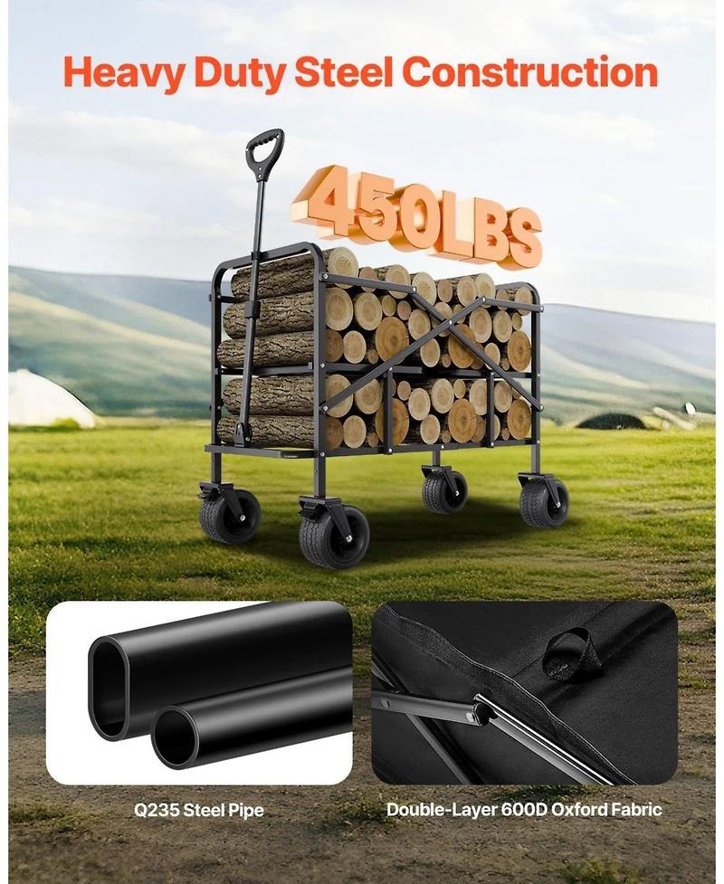 Sugift 400L Double Decker Collapsible Wagon with Extended Handle & 450 lb Weight Capacity