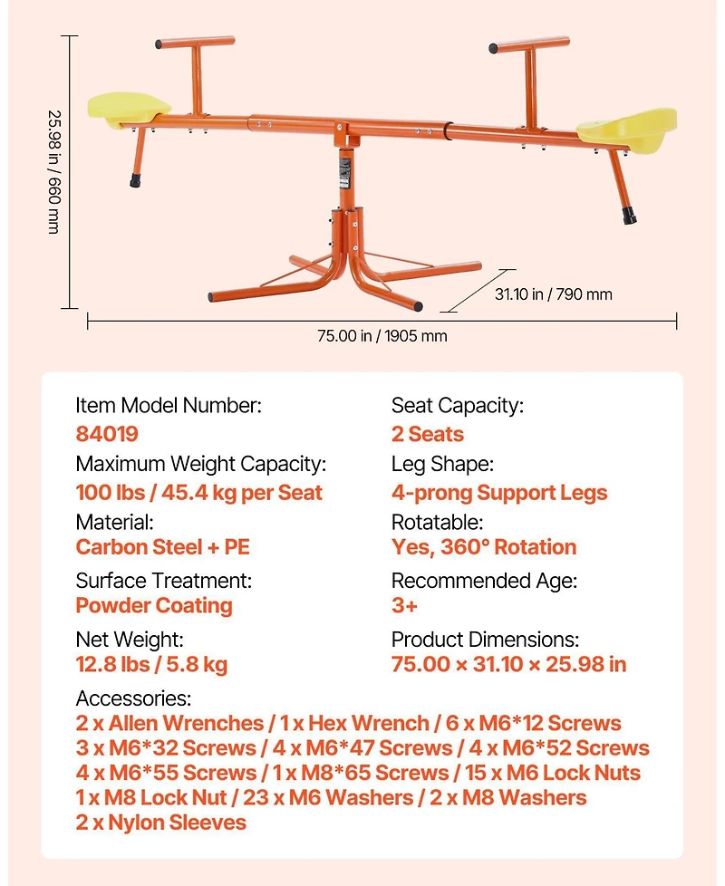 Sugift Kids Seesaw with 4-Prong Base & 360° Swivel Motion