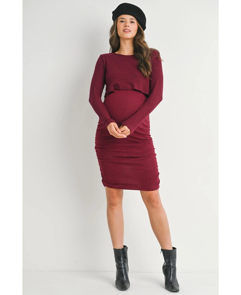 Hello Miz Maternity Long Sleeve Ribbed Side Ruched Nursing Dress