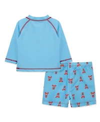 Little Me Baby Boys' Lobster Long-Sleeve Rash Guard and Swim Trunks, 2-Piece Set