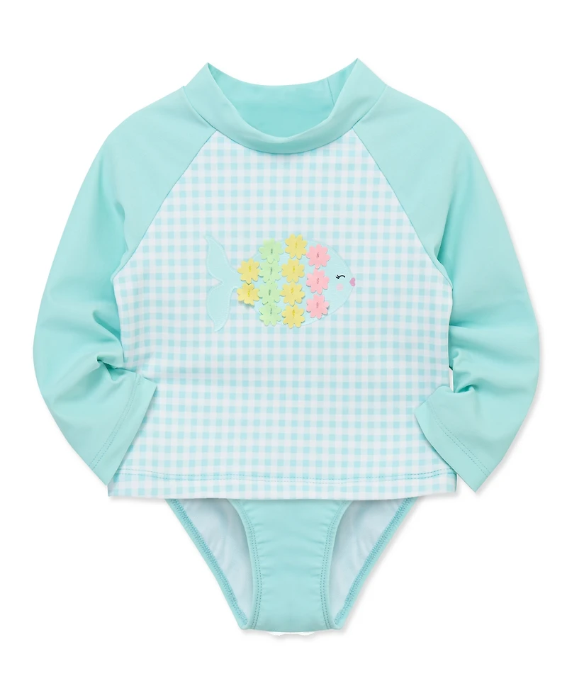 Little Me Baby Girls' Fish Long-Sleeve Rash guard and Swim Bottoms, 2-Piece Set