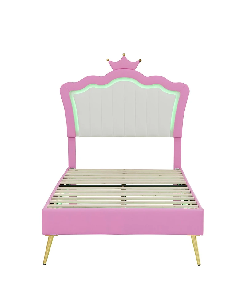 Lovmor Twin Upholstered Bed with Led Lights & Crown Headboard, Pink/White Princess Style