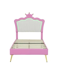 Lovmor Twin Upholstered Bed with Led Lights & Crown Headboard, Pink/White Princess Style