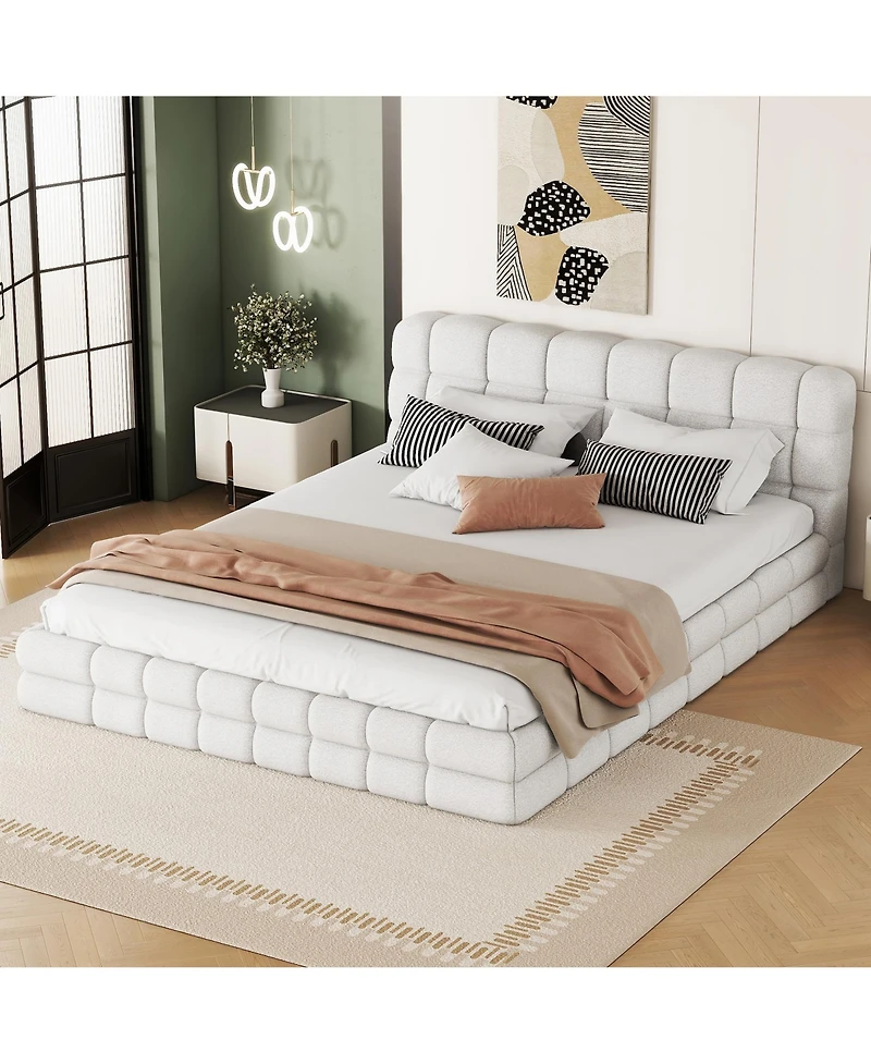 Lovmor Queen Size 51" High Headboard Wingback Linen Upholstered Bed No Box Spring Needed Beige