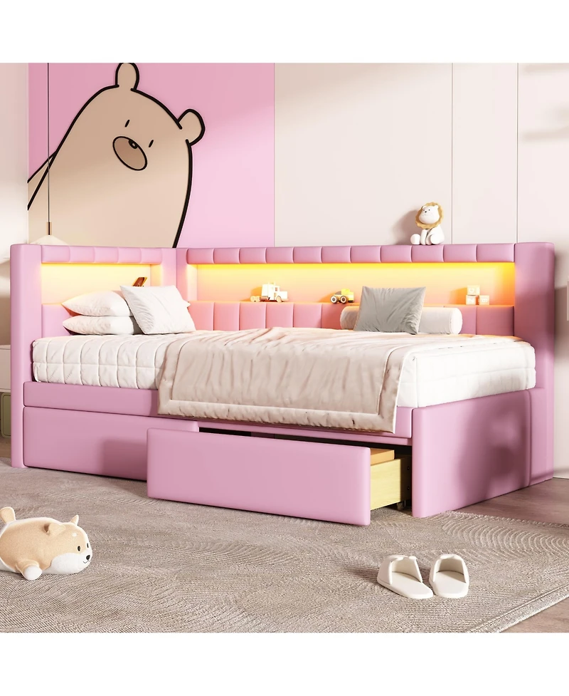 Lovmor Upholstered Twin Size Platform Bed with Usb Ports and Led Belt With 2 Drawers