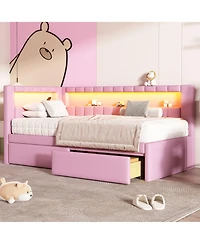 Lovmor Upholstered Twin Size Platform Bed with Usb Ports and Led Belt With 2 Drawers