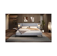 Lovmor Chic Linen Upholstered Bed with Integrated Lights and Shelves Grey Queen
