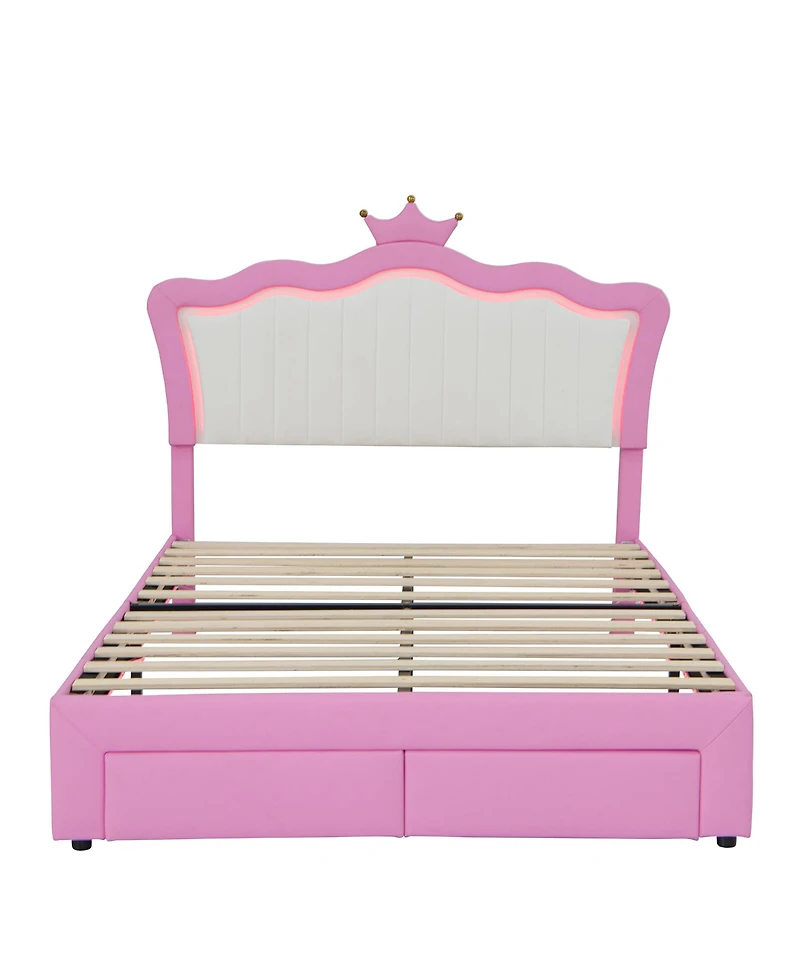 Lovmor Full Size Upholstered Bed Frame with Led Lights Modern Upholstered Princess Bed with Crown Headboard 2 Drawers Pink+White