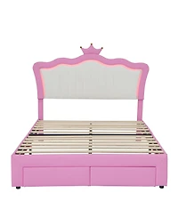 Lovmor Full Size Upholstered Bed Frame with Led Lights Modern Upholstered Princess Bed with Crown Headboard 2 Drawers Pink+White