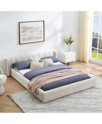 Lovmor Queen Size Upholstered Bed Frame with Thick Fabric Chenille Fabric Grounded Queen Size Platform Bed with Headboard and Solid Frame-Beige