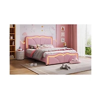Lovmor Full Size Upholstered Platform Bed with Curve Shaped and Height-adjustbale Headboard Led Light Strips Pink