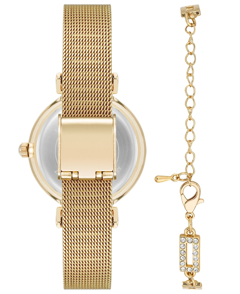 Anne Klein Women's Quartz Premium Round Gold-Tone Stainless Steel Mesh Watch Set, 29mm