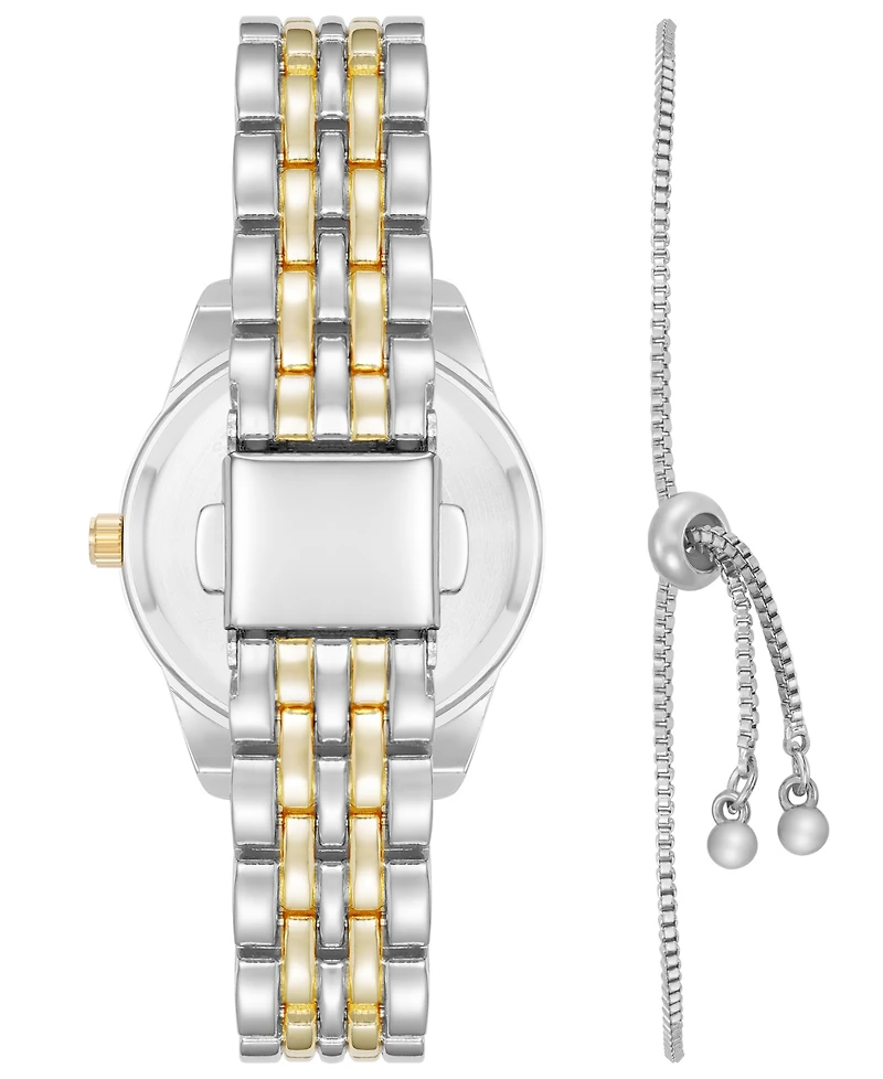 Anne Klein Women's Quartz Crystal Accented Champagne Dial Round Two-Tone Alloy Metal Watch Set, 26mm