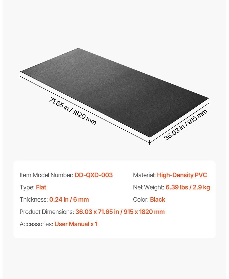 Sugfit Treadmill Mat 36"x72" 1/4" Thick Pvc Exercise Equipment Floor Protector