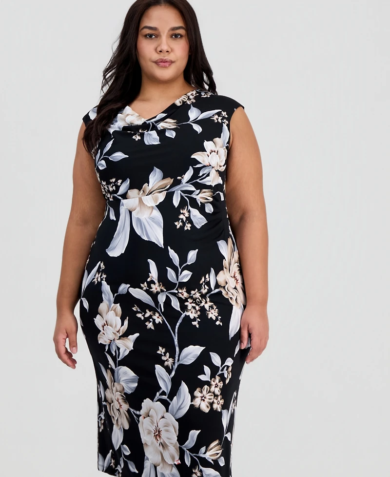 Connected Plus Floral Draped-Neck Side-Tuck Dress