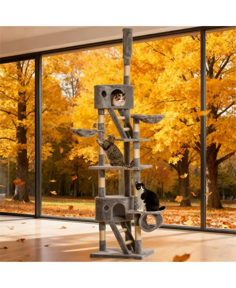 Aostirmotor Floor-to-Ceiling Cat Tree with Condos, Hammocks & Toys, Adjustable up to 102"