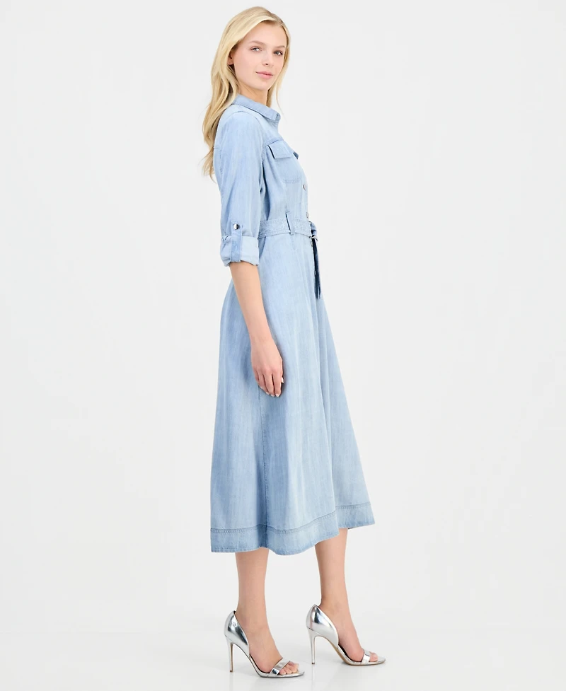 T Tahari Women's Roll-Sleeve Denim Midi Shirtdress