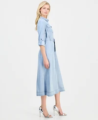 T Tahari Women's Roll-Sleeve Denim Midi Shirtdress