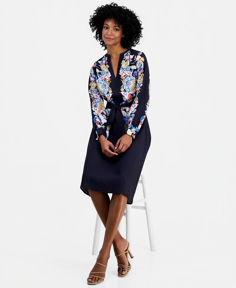 T Tahari Women's Spllit-Neck Belted A-Line Dress