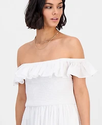 Dotti Women's Off-The-Shoulder Flounced Smocked Midi Dress