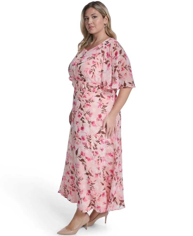 Calvin Klein Plus Smocked Waist Cape-Sleeve Dress