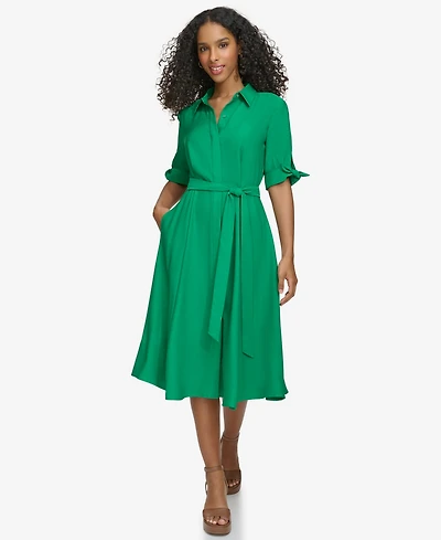 Calvin Klein Petite Tie-Sleeve Collared Midi Shirt Dress