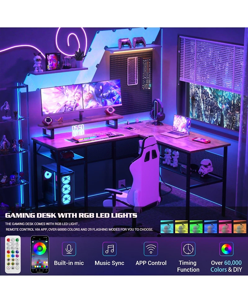 55.5'' Reversible L-shaped Desk with Power Outlets and Rgb Led Lights, Computer Table Cpu Stand Monitor