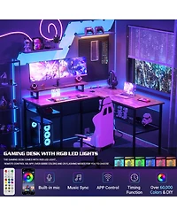 55.5'' Reversible L-shaped Desk with Power Outlets and Rgb Led Lights, Computer Table Cpu Stand Monitor