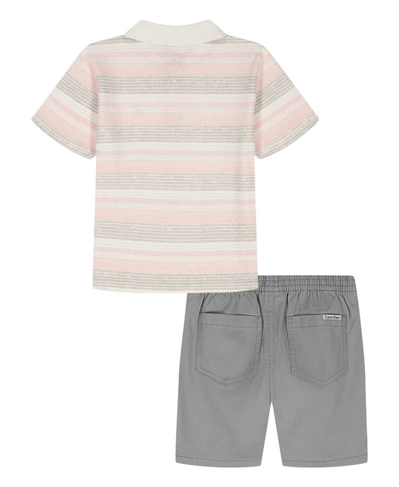 Calvin Klein Boys' Toddler 2T-4T Striped Polo Shirt and Twill Shorts, 2-Piece Set